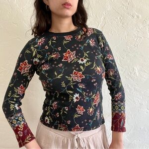 Sundance Black Floral Patterned Cotton Blend Thermal Long Sleeve Top Women's PS